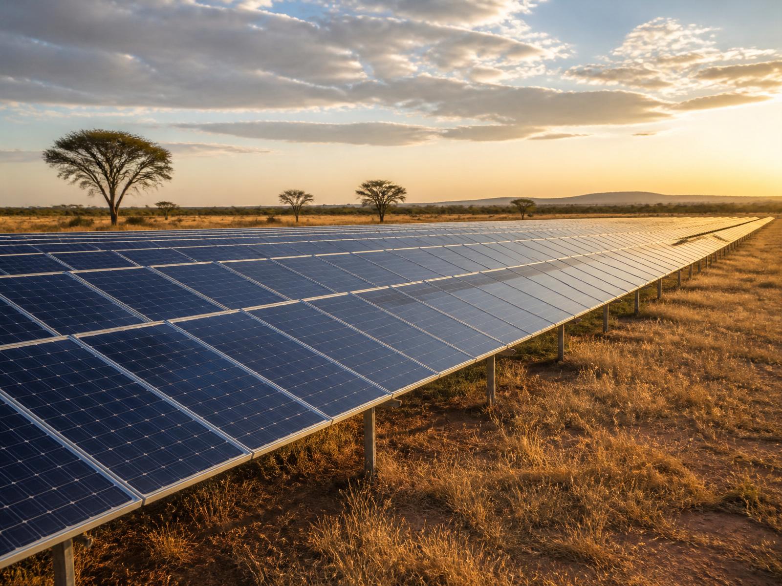 Rows of solar panels at a utility-scale plant in a Zambian savanna